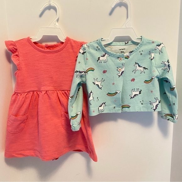 Carter's Baby Girls Infant Dress/ Bodysuit With Unicorn Cardigan Size 9 Months - Picture 1 of 10